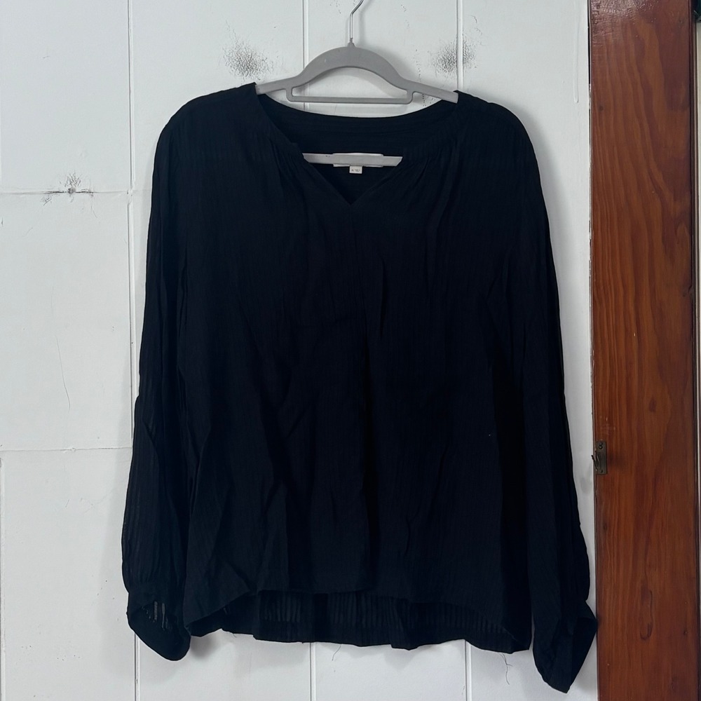 Loft Womens XL Black Dobby Stripe V-Neck Long Sleeve Blouse Viscose Cotton Top